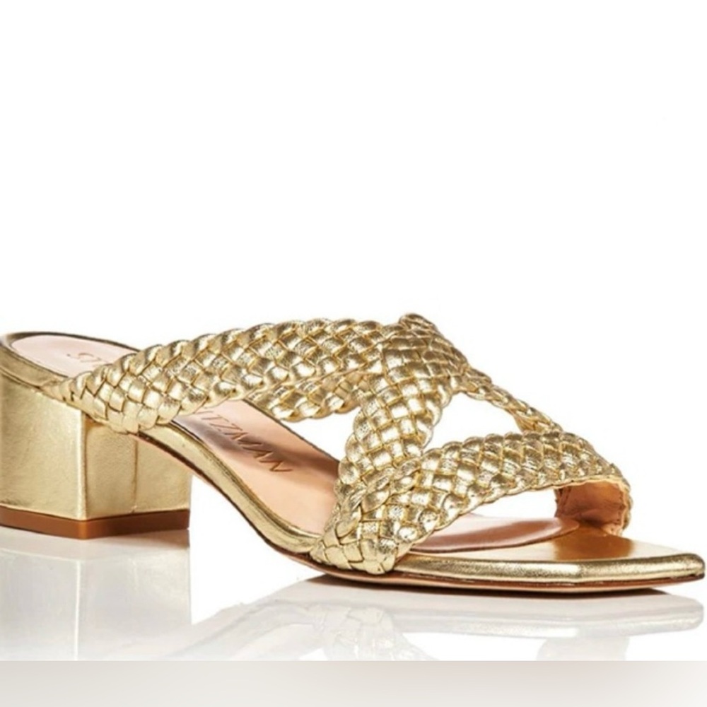 Stuart Weitzman Gold Braided Leather Block Heel Sandals